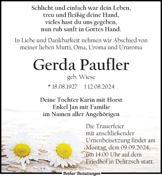 Traueranzeige von Gerda Paufler von Leipziger Volkszeitung