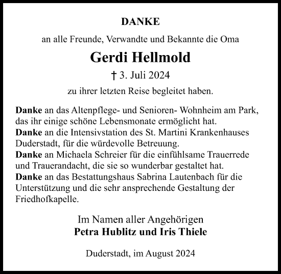 Traueranzeige von Gerdi Hellmold von Eichsfelder Tageblatt