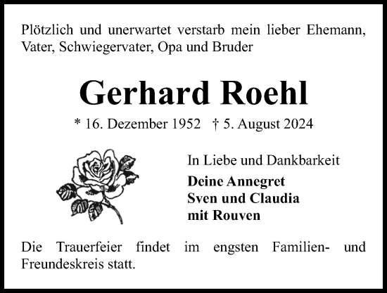 Traueranzeige von Gerhard Roehl von Kieler Nachrichten