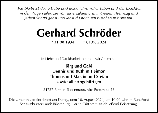 Traueranzeige von Gerhard Schröder von Schaumburger Zeitung/ Landes-Zeitung