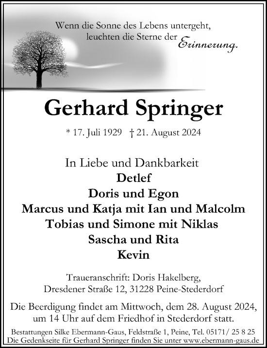 Traueranzeige von Gerhard Springer von Peiner Allgemeine Zeitung