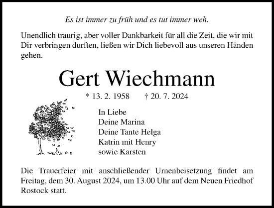 Traueranzeige von Gert Wiechmann von Ostsee-Zeitung GmbH