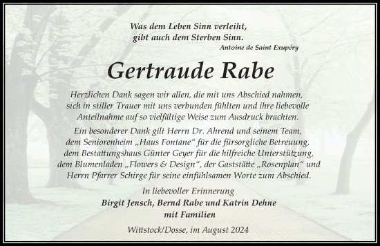 Traueranzeige von Gertraude Rabe von Wochenspiegel