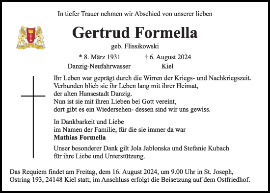 Traueranzeige von Gertrud Formella von Kieler Nachrichten