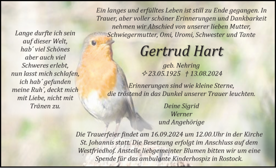 Traueranzeige von Gertrud Hart von Ostsee-Zeitung GmbH