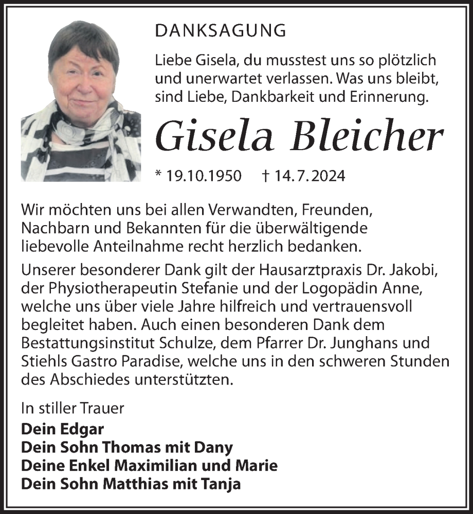  Traueranzeige für Gisela Bleicher vom 03.08.2024 aus Leipziger Volkszeitung