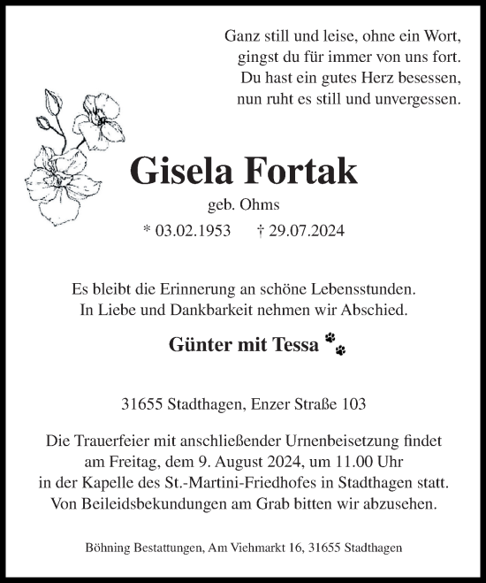 Traueranzeige von Gisela Fortak von Schaumburger Nachrichten