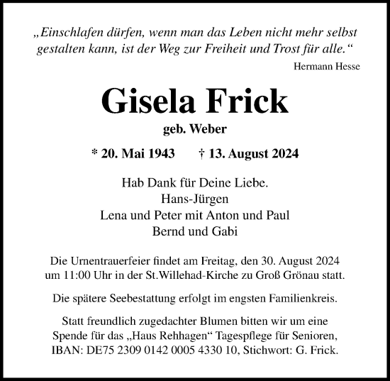 Traueranzeige von Gisela Frick von Lübecker Nachrichten