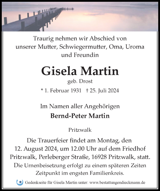 Traueranzeige von Gisela Martin von Märkischen Allgemeine Zeitung