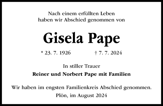 Traueranzeige von Gisela Pape von Kieler Nachrichten