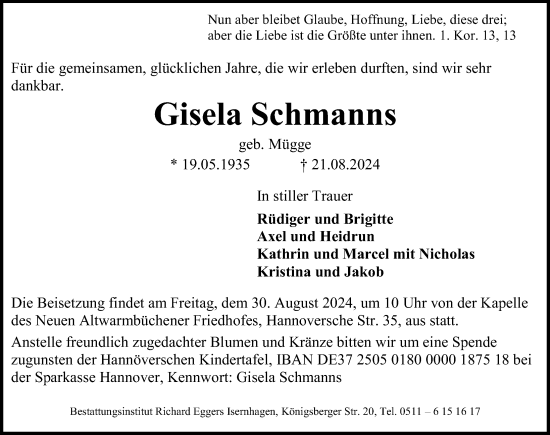 Traueranzeige von Gisela Schmanns von Hannoversche Allgemeine Zeitung/Neue Presse