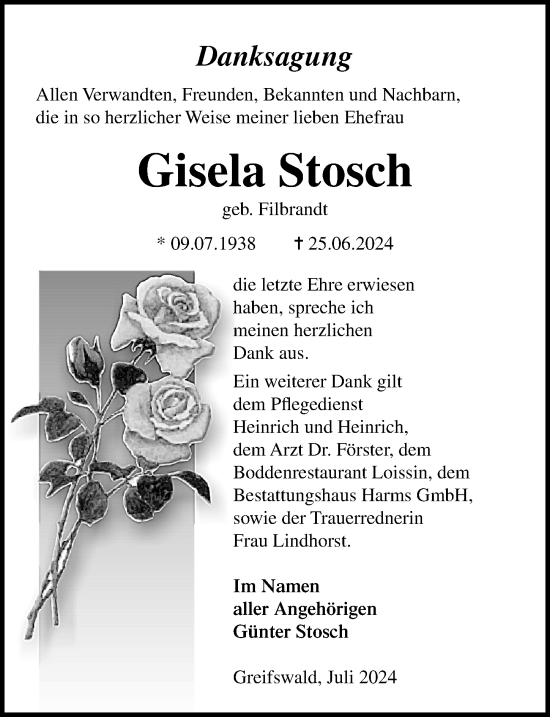 Traueranzeige von Gisela Stosch von Ostsee-Zeitung GmbH