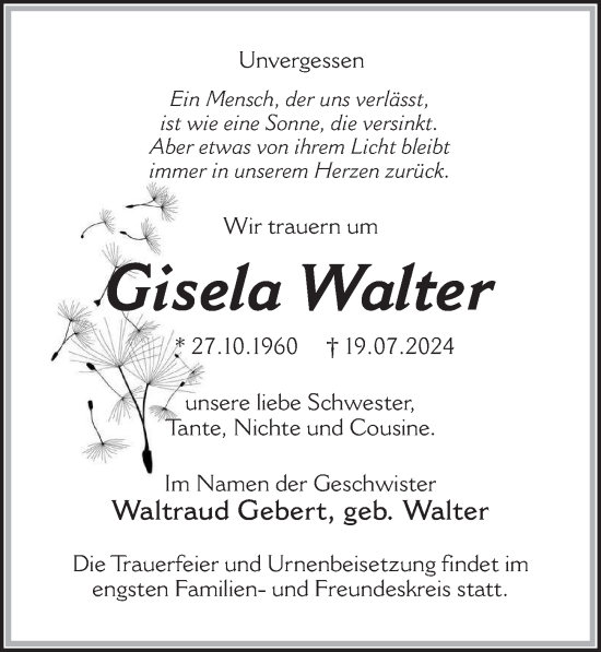 Traueranzeige von Gisela Walter von Wochenspiegel