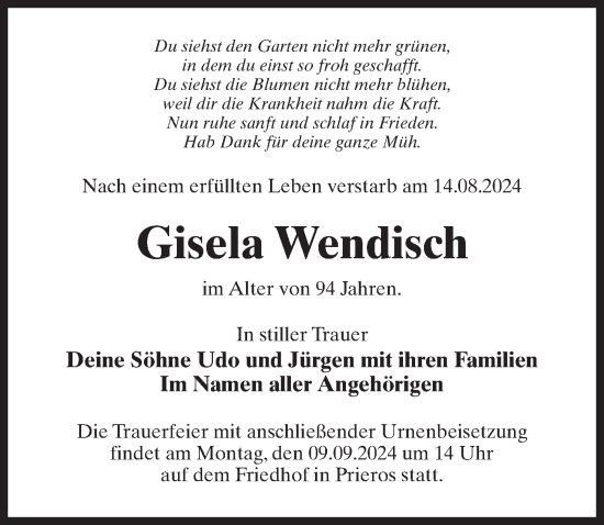 Traueranzeige von Gisela Wendisch von Märkischen Allgemeine Zeitung