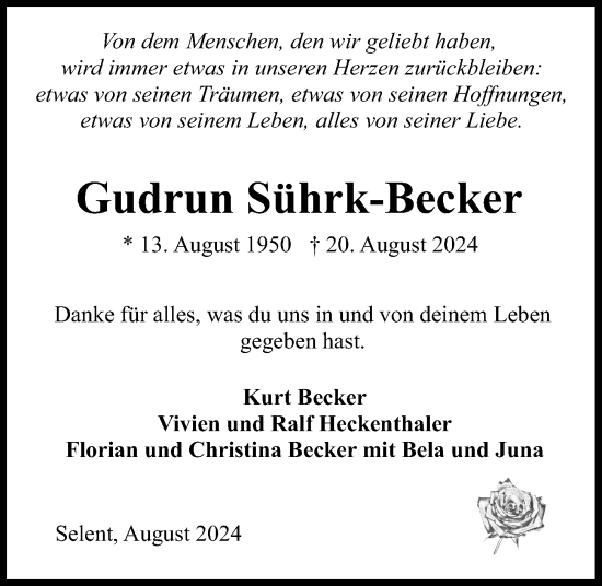 Traueranzeige von Gudrun Sührk-Becker von Kieler Nachrichten