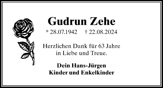 Traueranzeige von Gudrun Zehe von Märkischen Allgemeine Zeitung