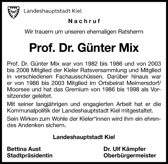 Traueranzeige von Günter Mix von Kieler Nachrichten