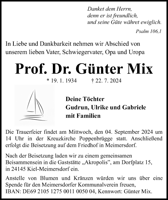 Traueranzeige von Günter Mix von Kieler Nachrichten