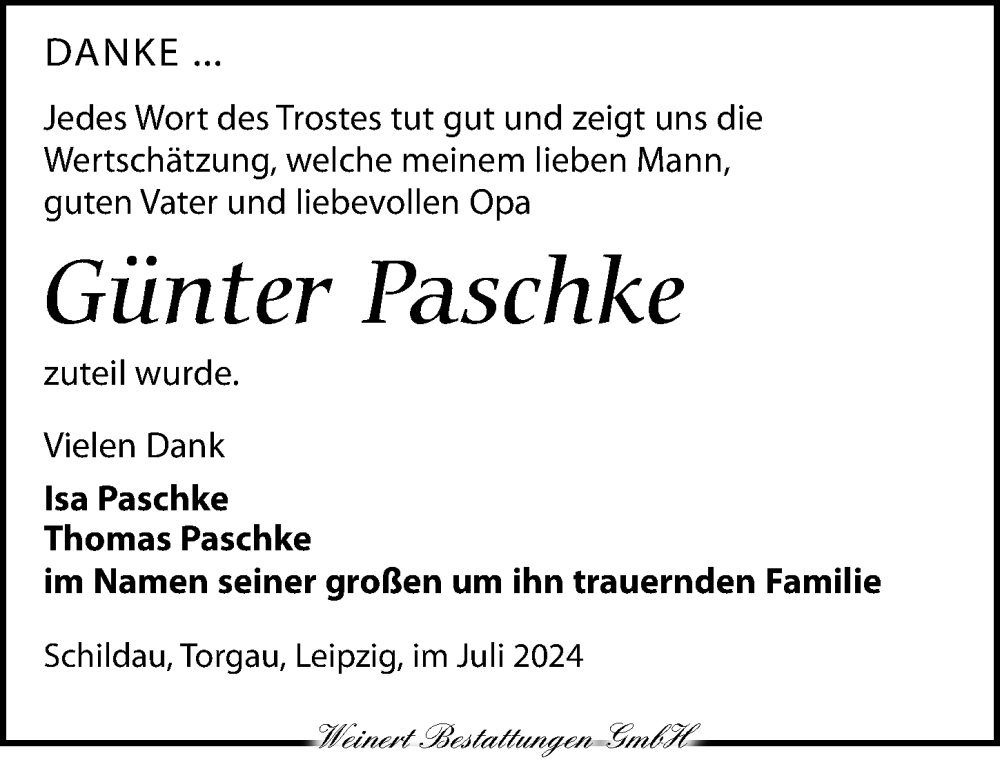  Traueranzeige für Günter Paschke vom 03.08.2024 aus Torgauer Zeitung