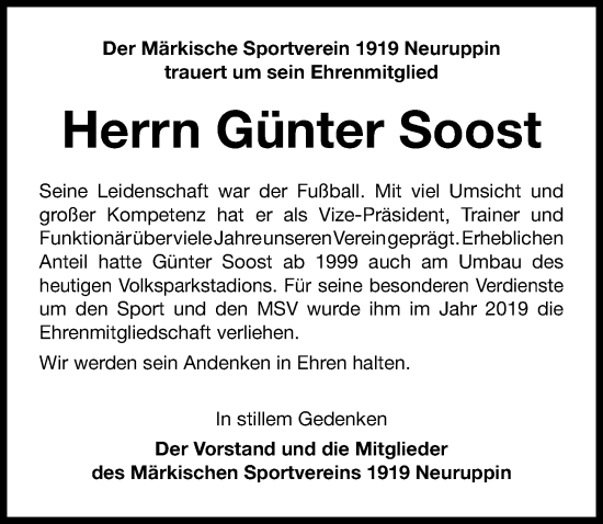 Traueranzeige von Günter Soost von Märkischen Allgemeine Zeitung