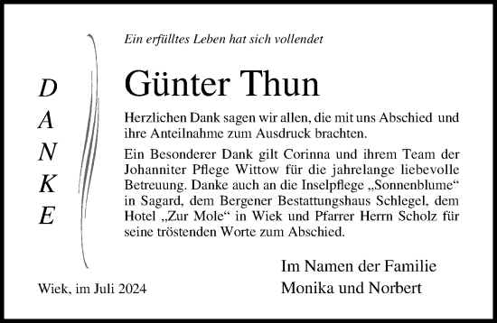 Traueranzeige von Günter Thun von Ostsee-Zeitung GmbH