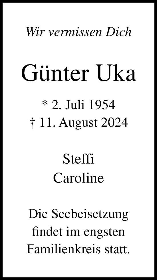 Traueranzeige von Günter Uka von Lübecker Nachrichten