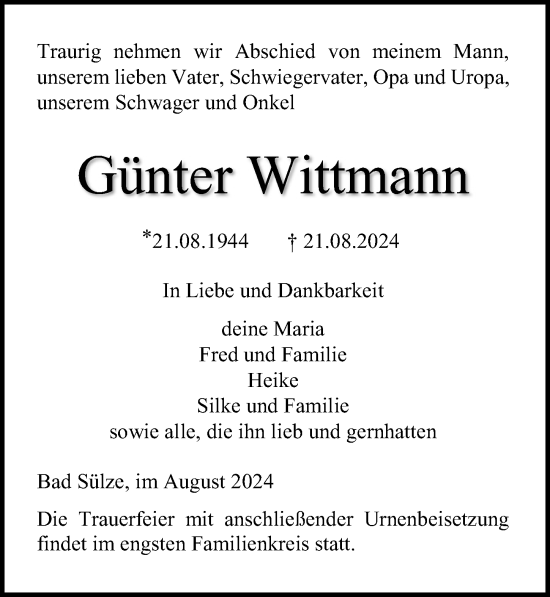 Traueranzeige von Günter Wittmann von Ostsee-Zeitung GmbH