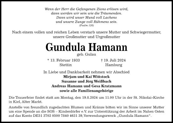 Traueranzeige von Gundula Hamann von Kieler Nachrichten