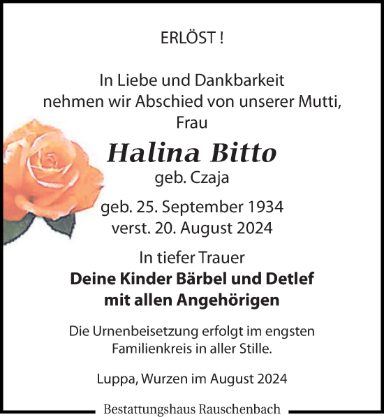 Traueranzeige von Halina Bitto von Leipziger Volkszeitung