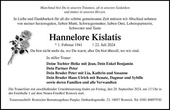 Traueranzeige von Hannelore Kislatis von Ostsee-Zeitung GmbH