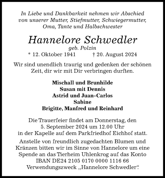 Traueranzeige von Hannelore Schwedler von Kieler Nachrichten