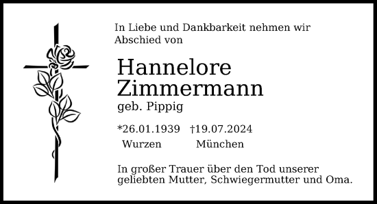 Traueranzeige von Hannelore Zimmermann von Leipziger Volkszeitung