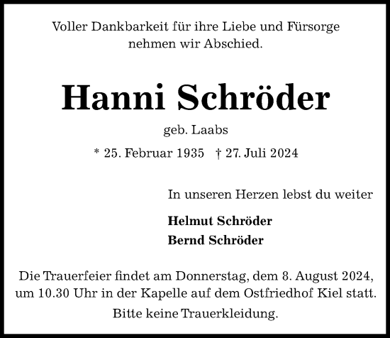 Traueranzeige von Hanni Schröder von Kieler Nachrichten