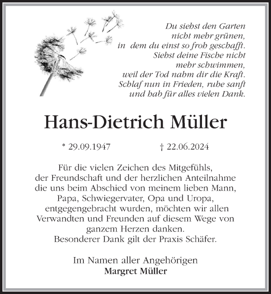 Traueranzeige von Hans-Dietrich  Müller von Wochenspiegel