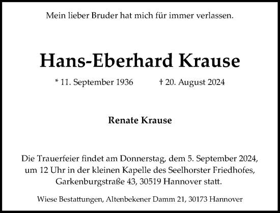 Traueranzeige von Hans-Eberhard Krause von Hannoversche Allgemeine Zeitung/Neue Presse