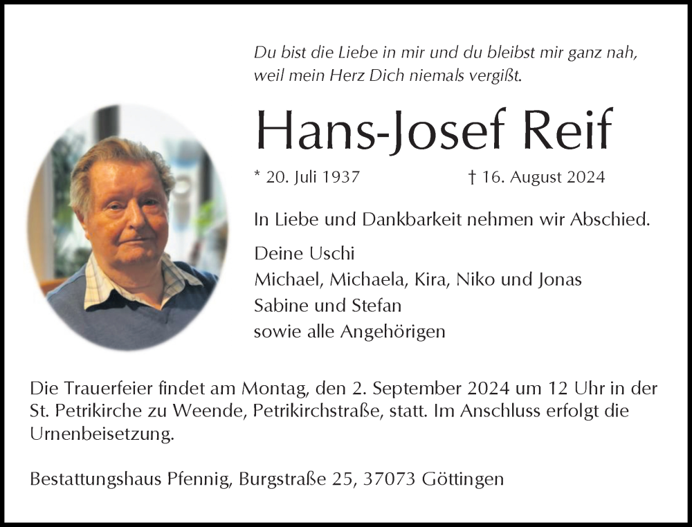  Traueranzeige für Hans-Josef Reif vom 24.08.2024 aus Göttinger Tageblatt