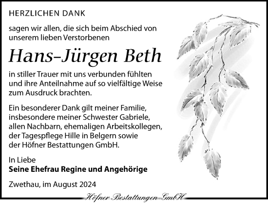 Traueranzeige von Hans-Jürgen Beth von Torgauer Zeitung