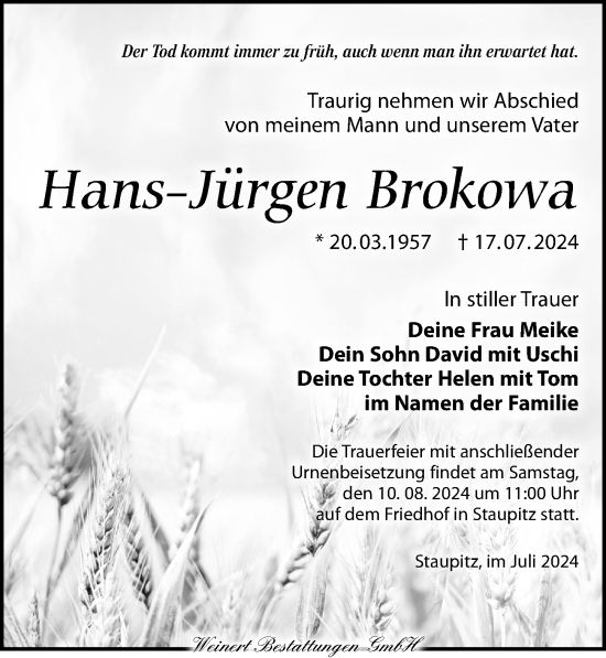 Traueranzeige von Hans-Jürgen Brokowa von Torgauer Zeitung