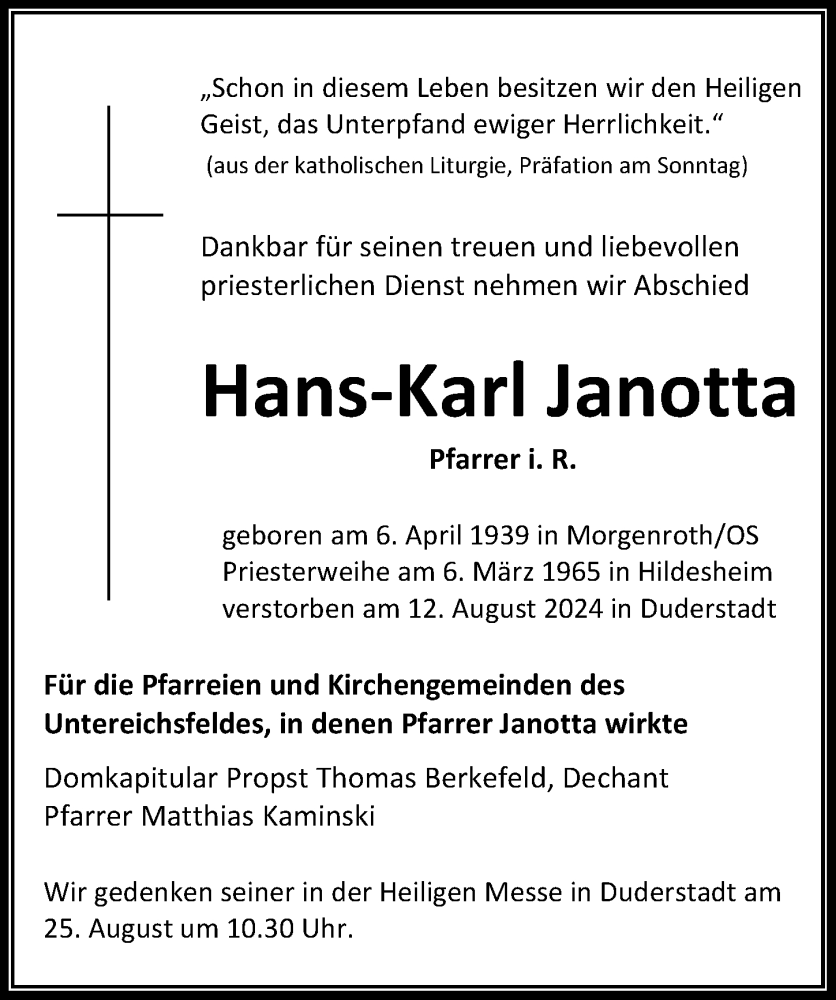  Traueranzeige für Hans Karl Janotta vom 16.08.2024 aus Eichsfelder Tageblatt