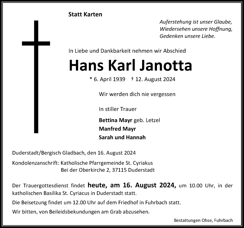  Traueranzeige für Hans Karl Janotta vom 16.08.2024 aus Eichsfelder Tageblatt