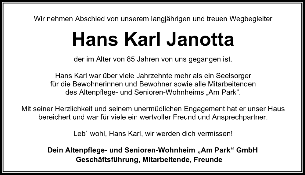  Traueranzeige für Hans Karl Janotta vom 16.08.2024 aus Eichsfelder Tageblatt