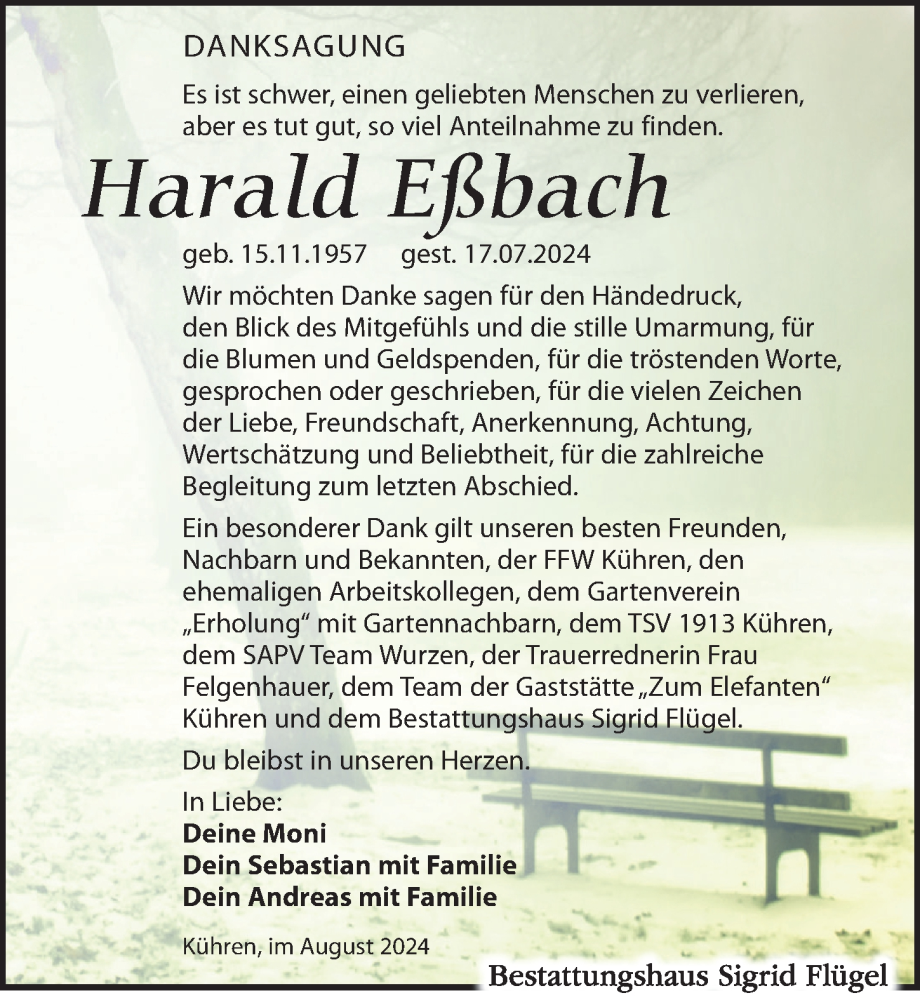  Traueranzeige für Harald Eßbach vom 24.08.2024 aus Leipziger Volkszeitung