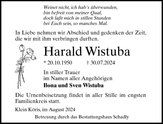 Traueranzeige von Harald Wistuba von Märkischen Allgemeine Zeitung