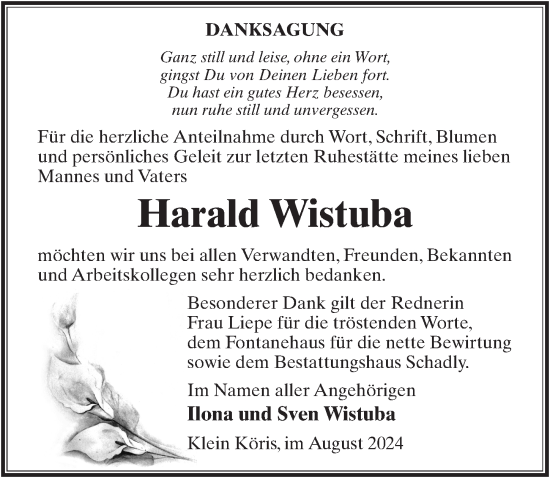 Traueranzeige von Harald Wistuba von Märkischen Allgemeine Zeitung