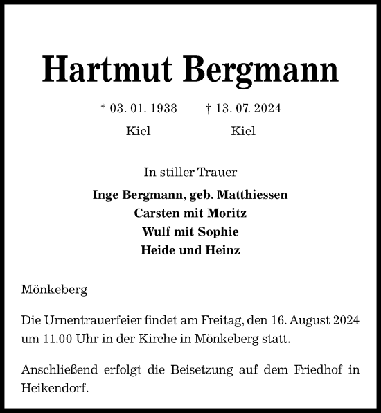 Traueranzeige von Hartmut Bergmann von Kieler Nachrichten