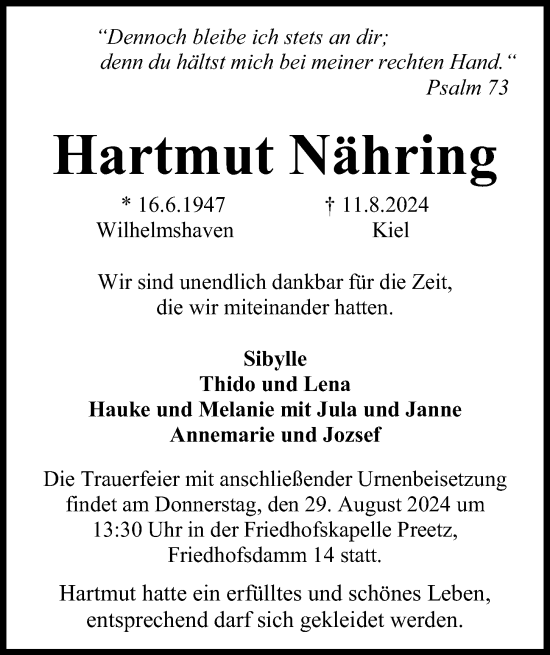 Traueranzeige von Hartmut Nähring von Kieler Nachrichten