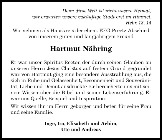 Traueranzeige von Hartmut Nähring von Kieler Nachrichten