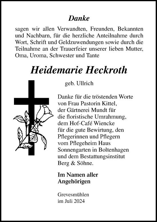 Traueranzeige von Heidemarie Heckroth von Ostsee-Zeitung GmbH