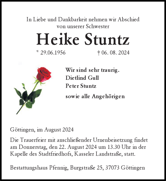 Traueranzeige von Heike Stuntz von Göttinger Tageblatt