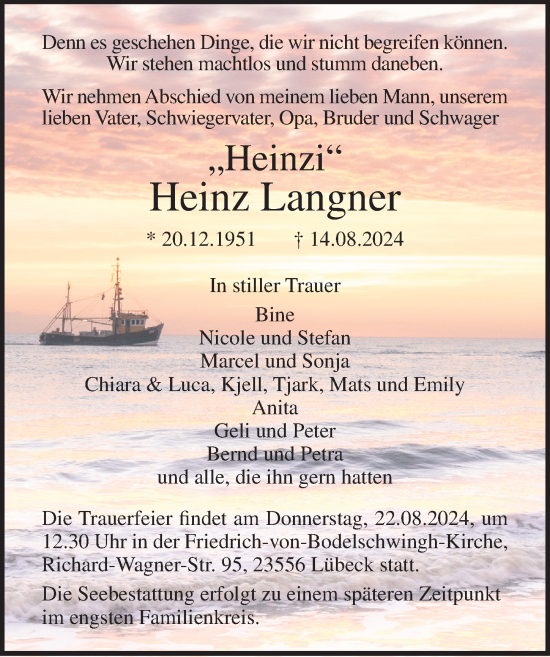 Traueranzeige von Heinz Langner von Lübecker Nachrichten